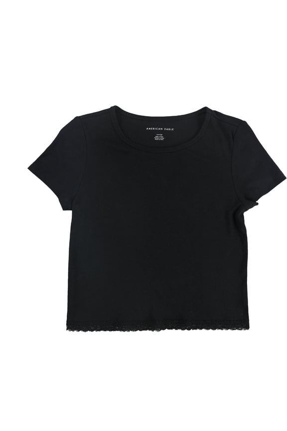 American Eagle Womens Lace Trimmed Basic T-Shirt, Black, Small