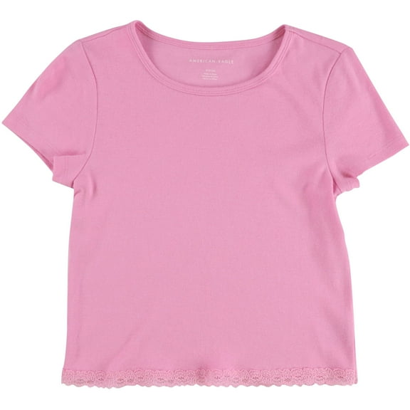 American Eagle Womens Lace Trimmed Basic T-Shirt, Pink, Small