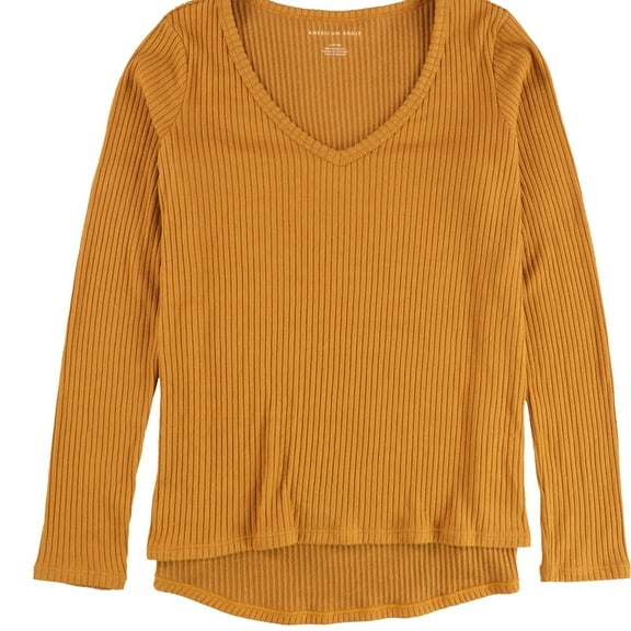 American Eagle Womens Plush V-Neck Ribbed Pullover Sweater, Orange, Small