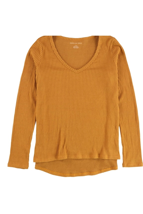 American Eagle Womens Plush V-Neck Ribbed Pullover Sweater, Orange, Small