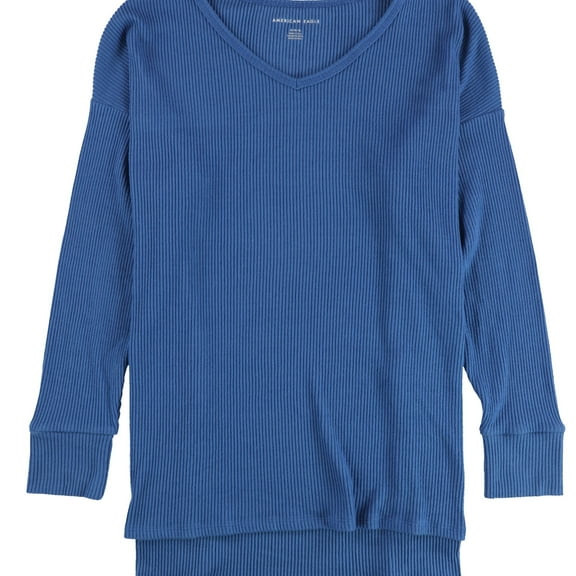 American Eagle Womens Ribbed V-Neck Pullover Sweater, Blue, Small