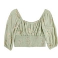thumbnail image 1 of American Eagle Womens Ruched 3/4 Printed Ruffled Blouse, Green, Small, 1 of 2