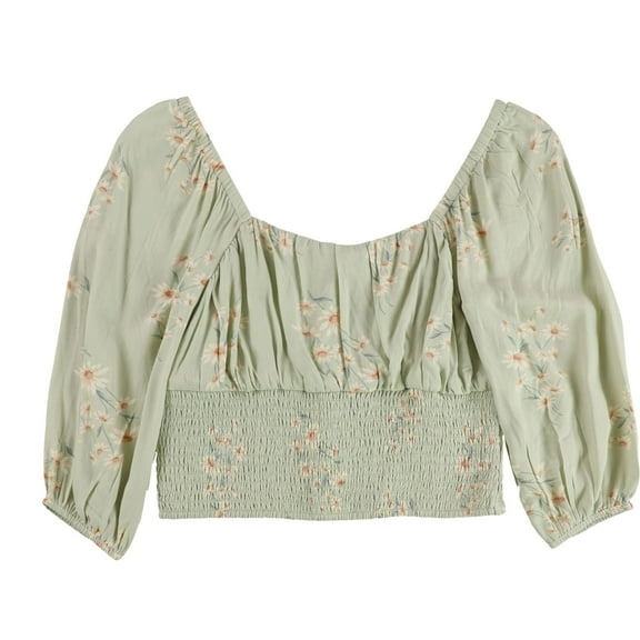 American Eagle Womens Ruched 3/4 Printed Ruffled Blouse, Green, Small