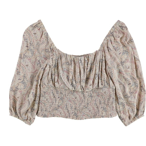 American Eagle Womens Ruched 3/4 Printed Ruffled Blouse, Pink, Small