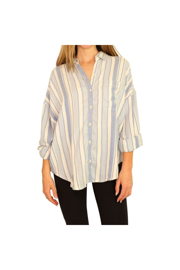 American Eagle Womens Stripe Button Up Shirt, Blue, Large