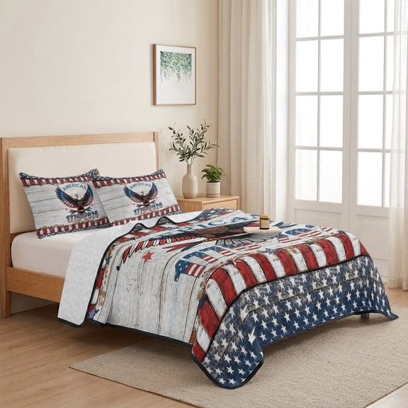 American Eagle Wood Board 3 Pieces Quilt Set,1 Quilt with 2 Shams,Independence Day USA Flag Star Stripe Bedspread Soft Lightweight Bedding Coverlet Comforter Set for All Season 68"x98"