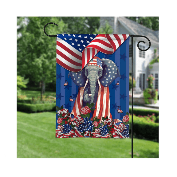 American Elephant Independence Day Flag, Elephant With Flower Flag 12x18 POLE NOT INCLUDED Garden Flag