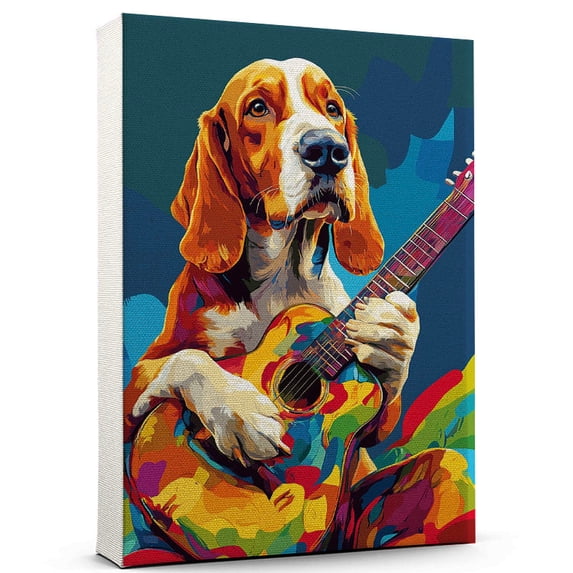 American English Coonhound Dog Playing Ukelele Stretched Canvas Size ...