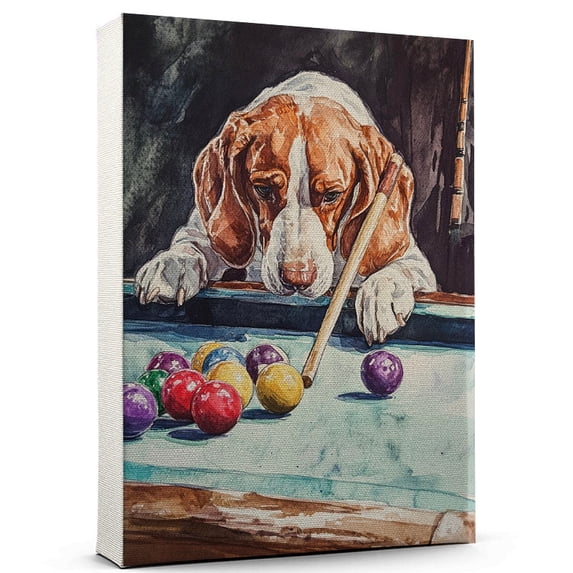 American English Coonhound Dog Stretched Canvas Size 8x12 – Billiards Theme Dog Art for Wall, American English Coonhound Dog Playing Billiards Wall Art, Dog Lover Canvas Decor