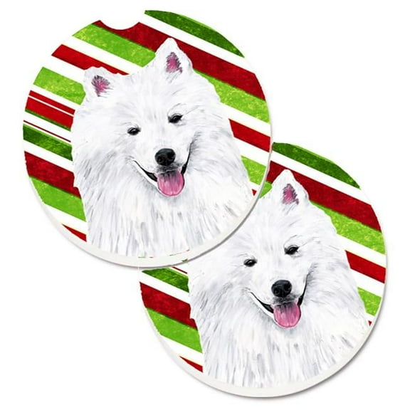 American Eskimo Candy Cane Holiday Christmas Set of 2 Cup Holder Car Coaster