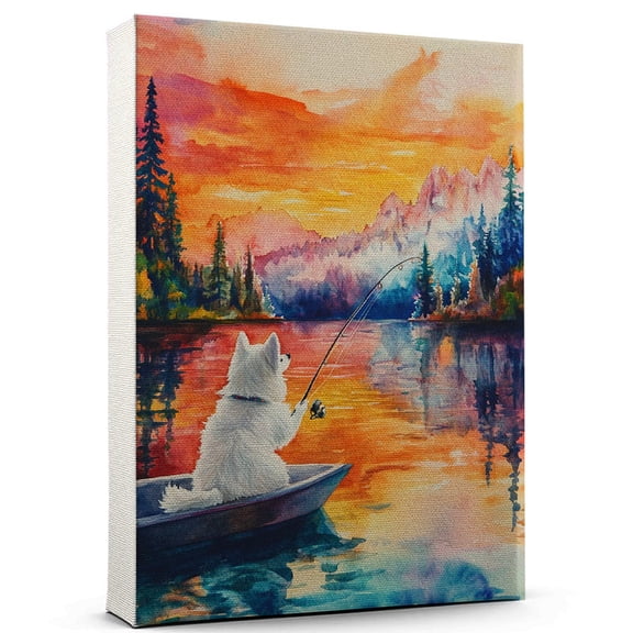 American Eskimo Dog Canvas Canvas Fishing Theme Dog Art for Wall, American Eskimo Dog Playing Fishing Wall Art, Dog Lover Canvas Decor