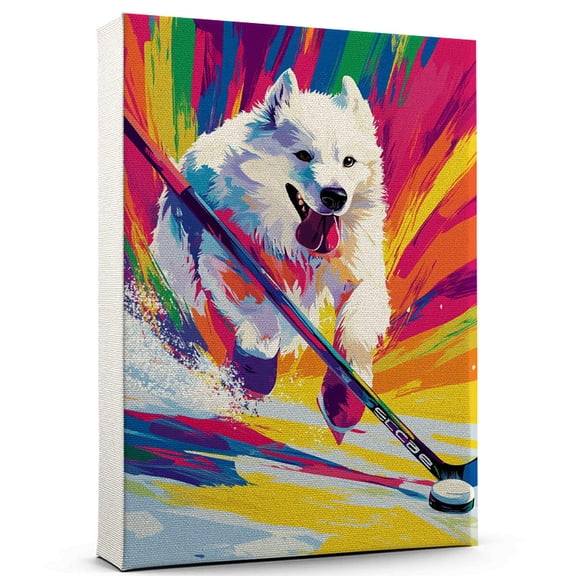 American Eskimo Dog Ice Hockey Art Canvas American Eskimo Dog Playing Ice Hockey Wall Art, Dog Lover Canvas, Sports Theme Decor for Living Room