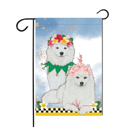 American Eskimo Floral Crown Garden Flag Double Sided 12” X 18” Yard Art Decor
