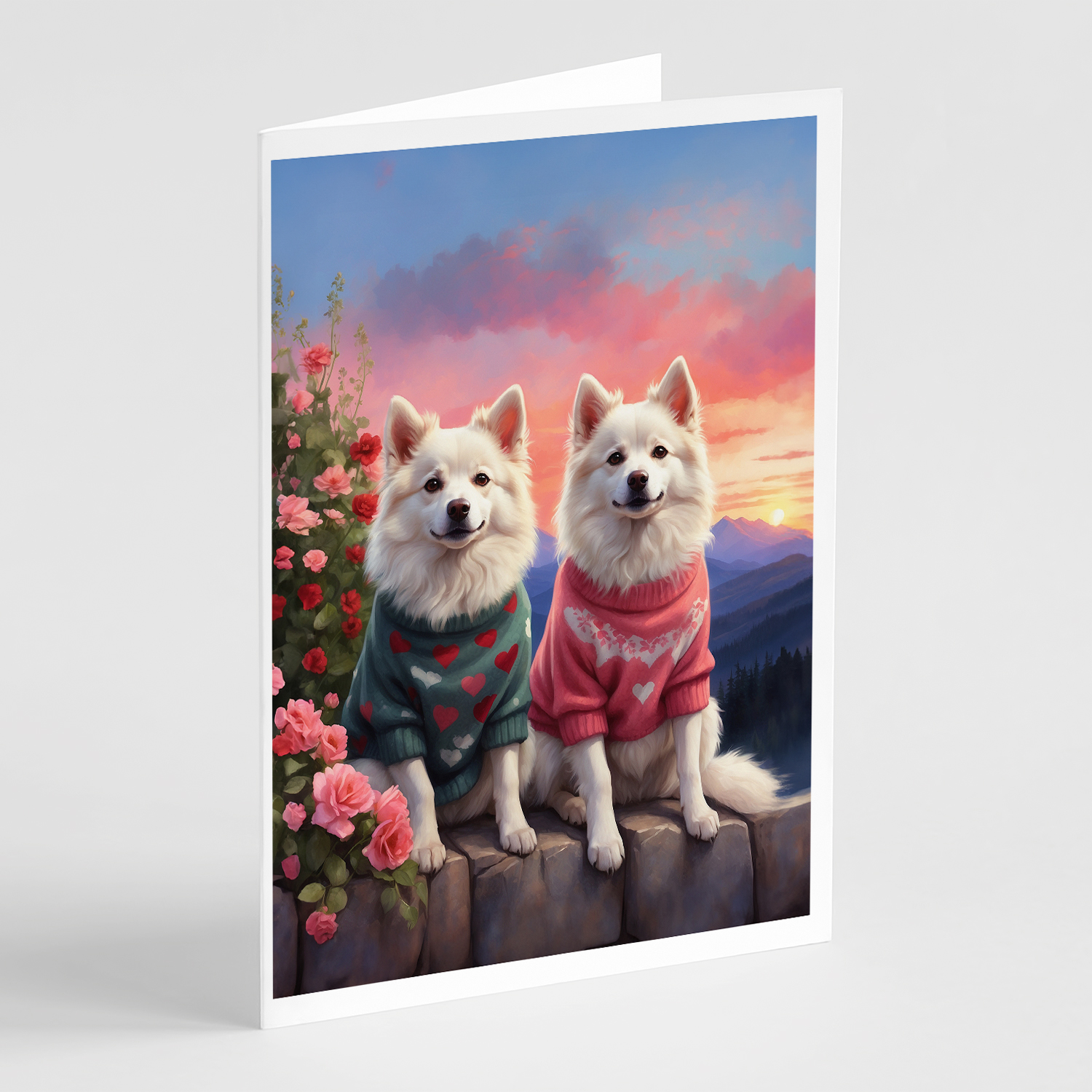 American Eskimo Two Hearts Greeting Cards Pack of 8 7 in x 5 in