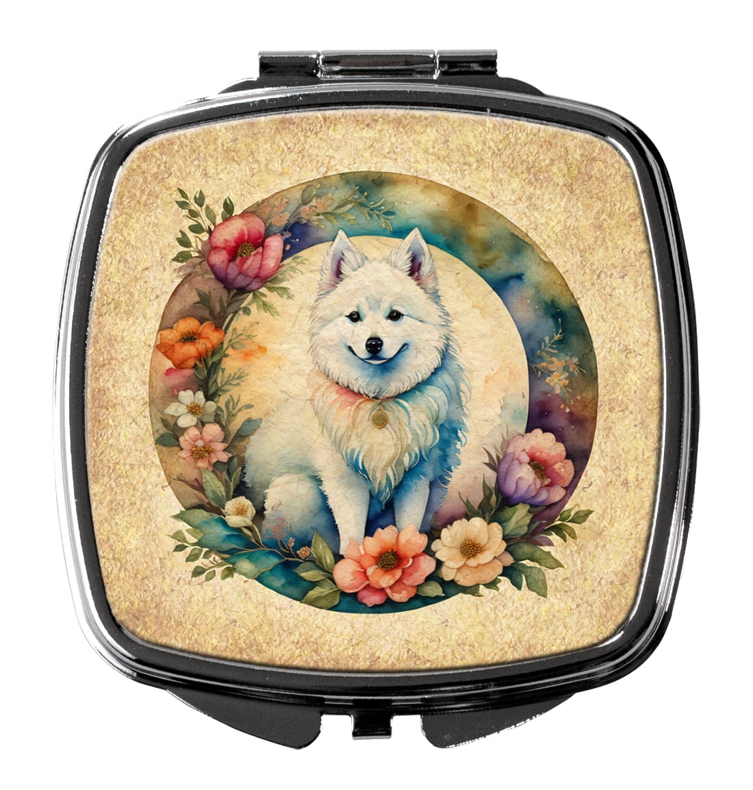 American Eskimo and Flowers Compact Mirror 2.75 in x 3 in