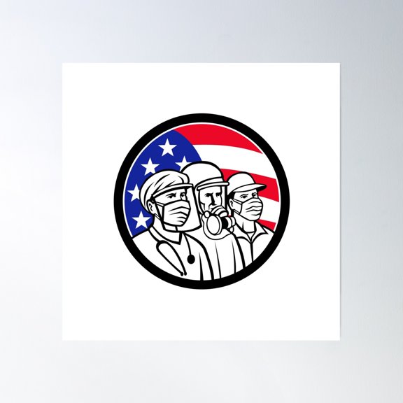American Essential Workers Wearing Mask Usa Flag Mascot Poster Wall Art, Modern Wall Decor, 24x24 UNFRAMED