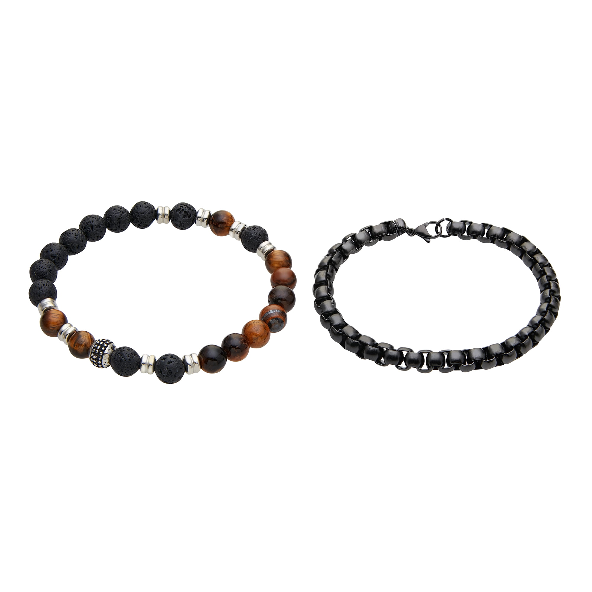 American Exchange 2 Piece Precious Stone & Alloy Brown/Gunmetal Beads Stackable Bracelet for Men