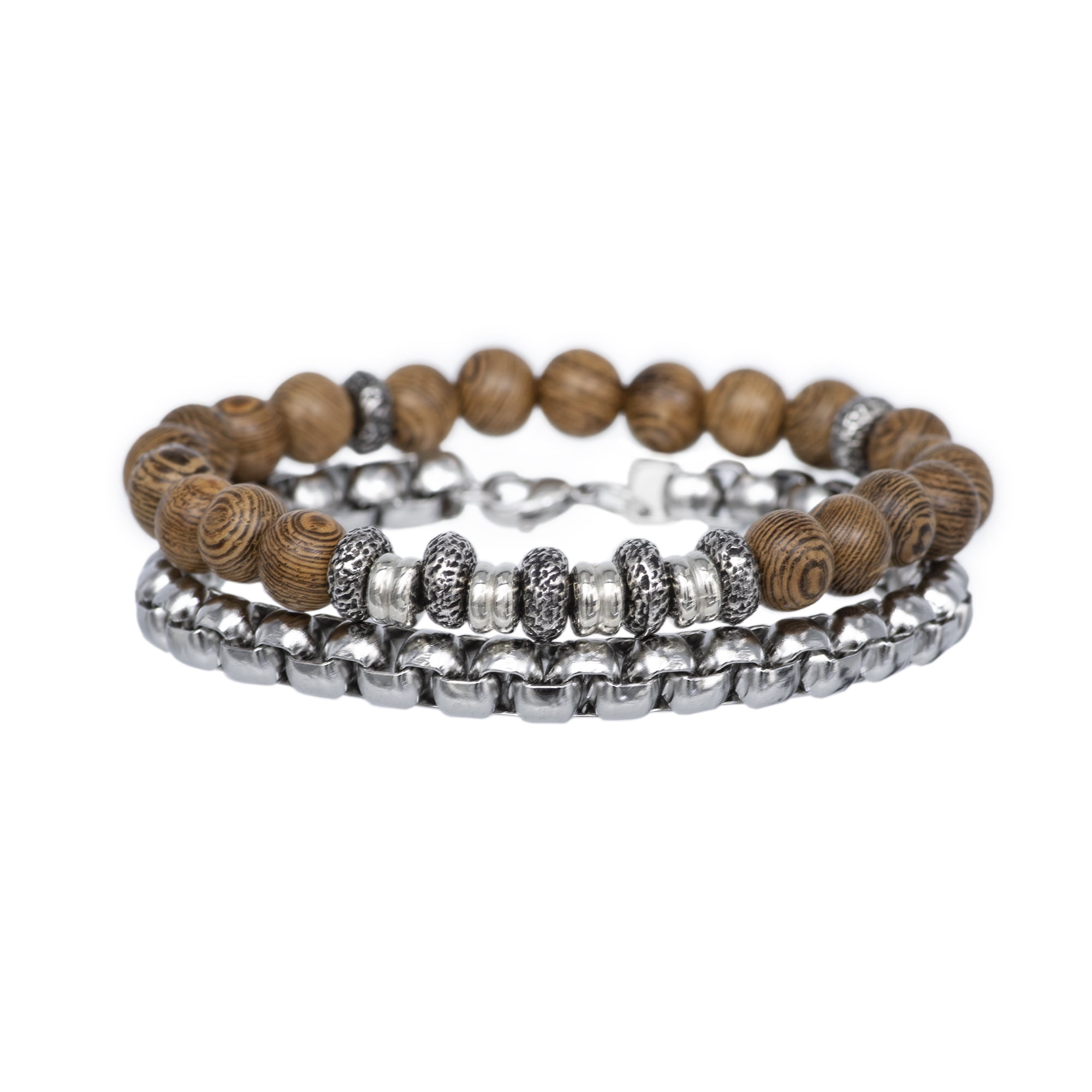 American Exchange 2 Piece Precious Stone & Alloy Silver/Brown Beads Stackable Bracelet for Men
