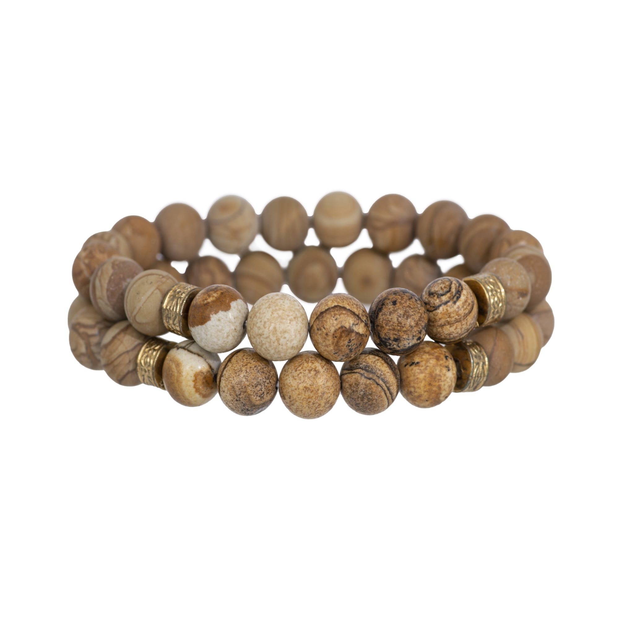 American Exchange Men's 2 Piece Precious Stone & Alloy Gold/Brown Beads Bracelet Set