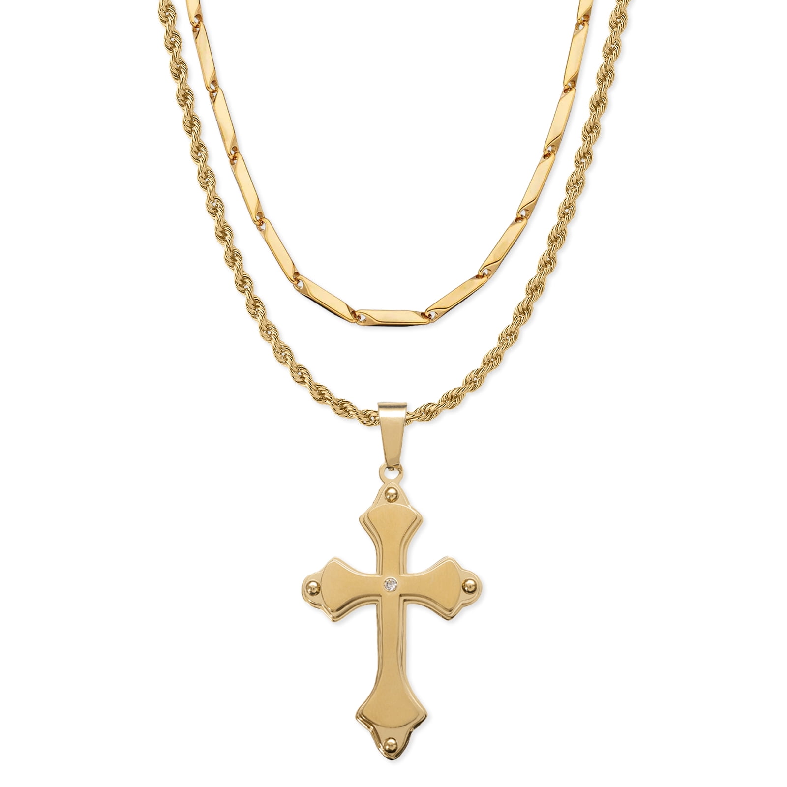 American Exchange Men's 2 Piece Shiny Gold Tone Metal Cross Pendant Necklaces
