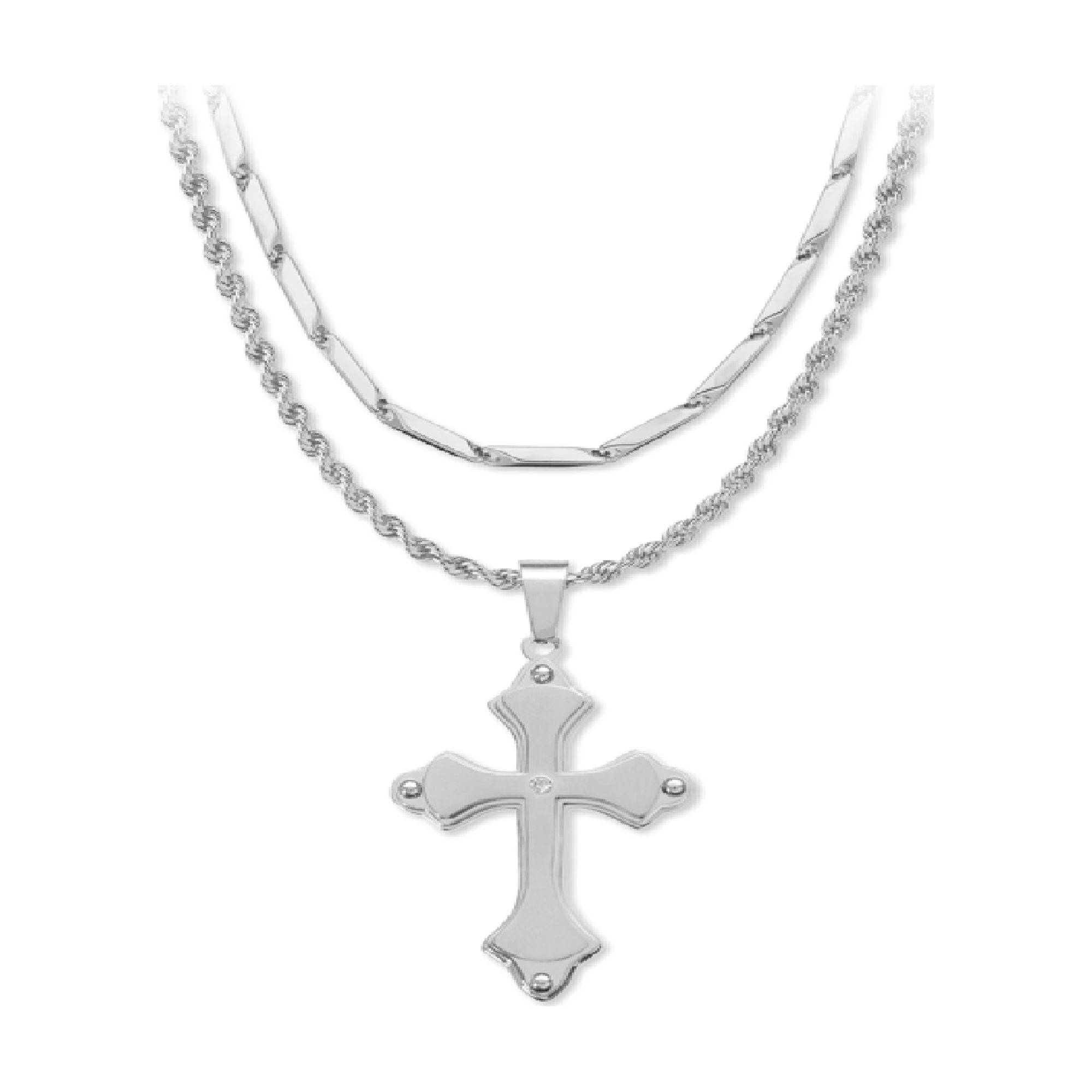 American Exchange Men's 2 Piece Shiny Silver Tone Metal Cross Pendant Necklaces