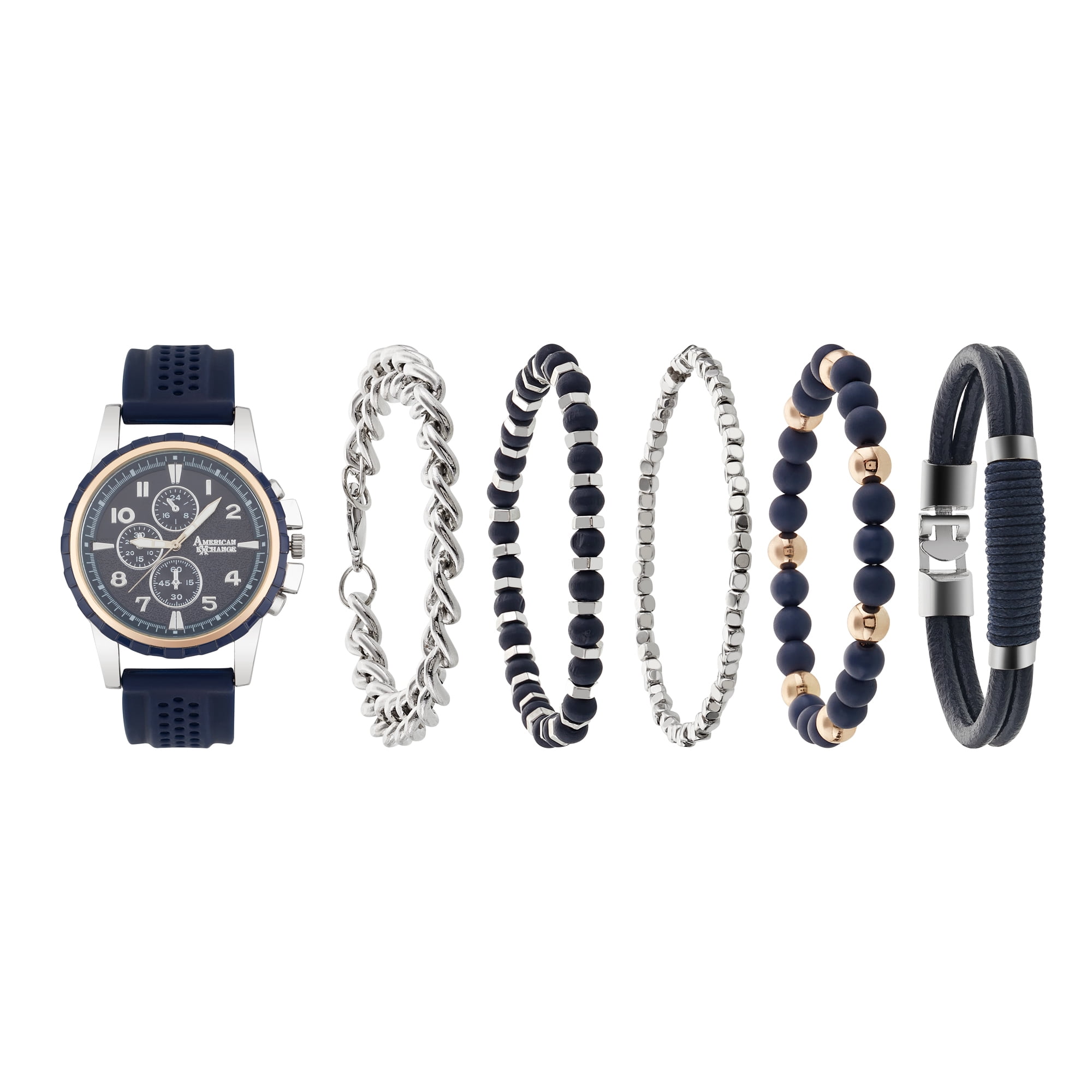 American Exchange Men's Analog Blue Silicone Strap 45mm Watch w/ Stackable Bracelets