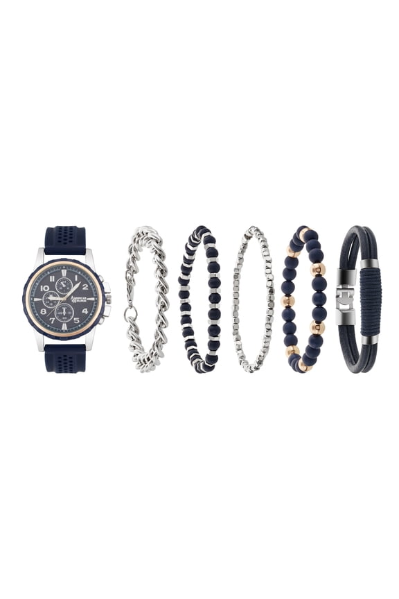 Men's Analog Blue Silicone Strap 45mm Watch w/ Stackable Bracelets