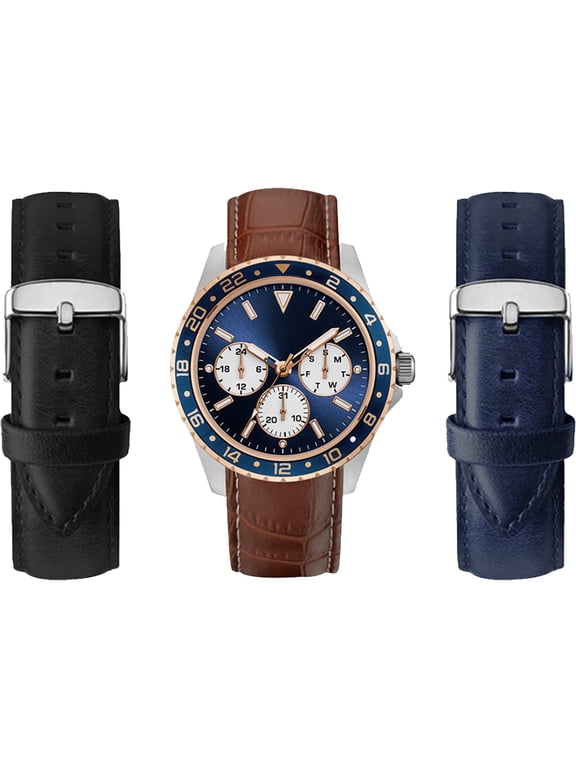 Men's Analog Brown Leather Strap Watch 43mm Gift Set