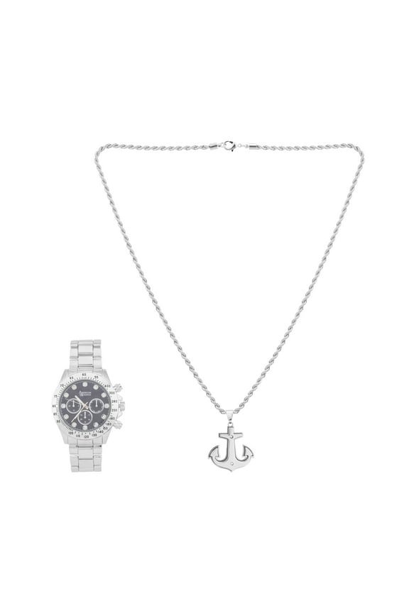 Men's Analog Silver Tone Metal Strap 46mm Watch w/ Anchor Pendant Necklace