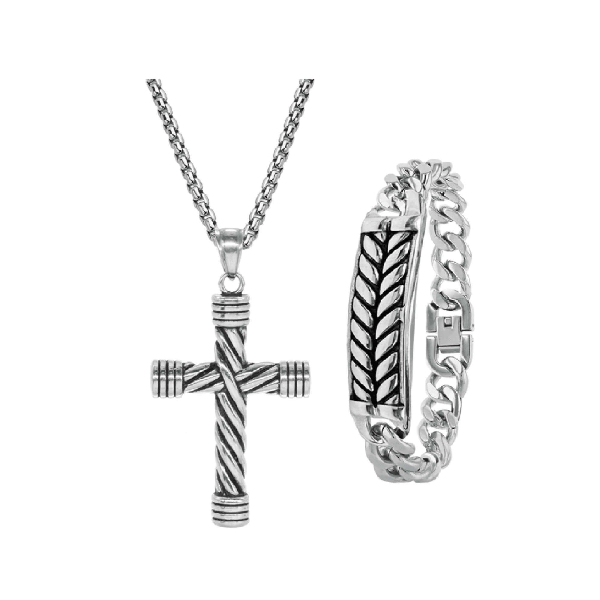 American Exchange Men's Antique Silver Tone Cross Pendant Necklace and ID Tag Bracelet Set