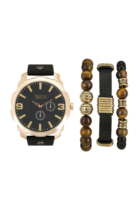 Men's Black/Gold Leather Strap Analog Watch and Stackable Bracelets