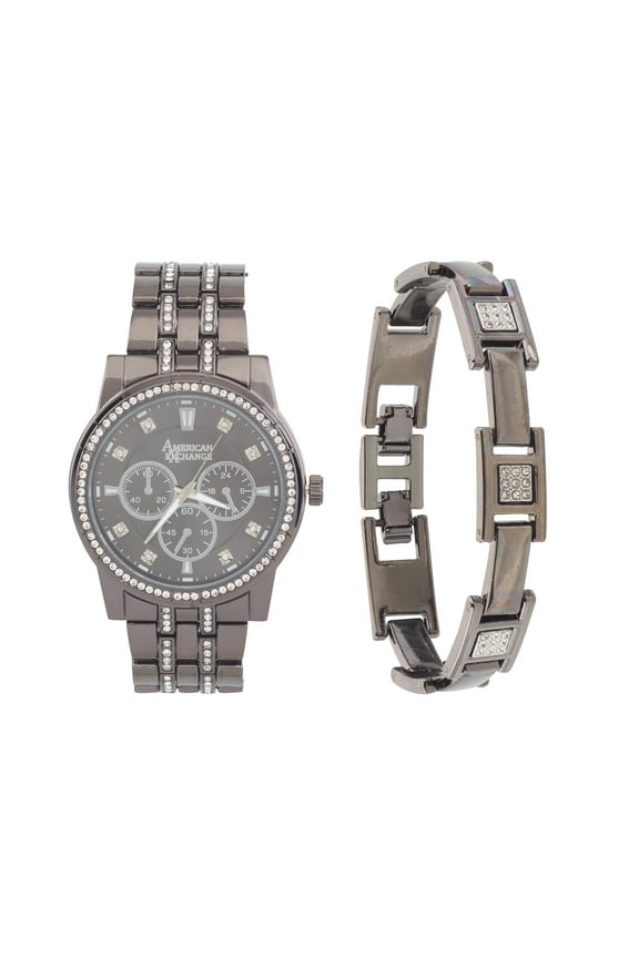 Men's Black Metal Bracelet Watch & Bracelet Set