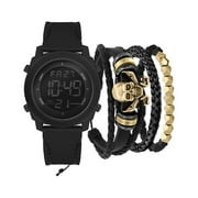 American Exchange Men's Black Silicone Digital Watch with Assorted Stackable Bracelets