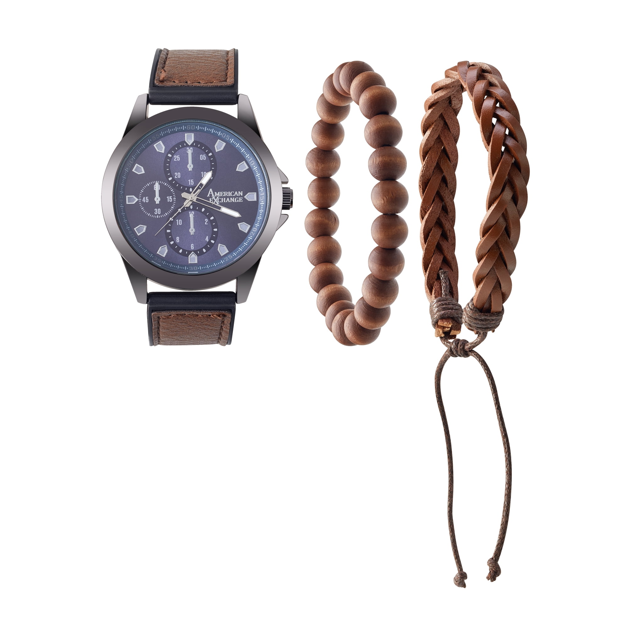 American Exchange Men's Brown PU Leather Strap 47mm Analog Watch w/ Bracelet Set