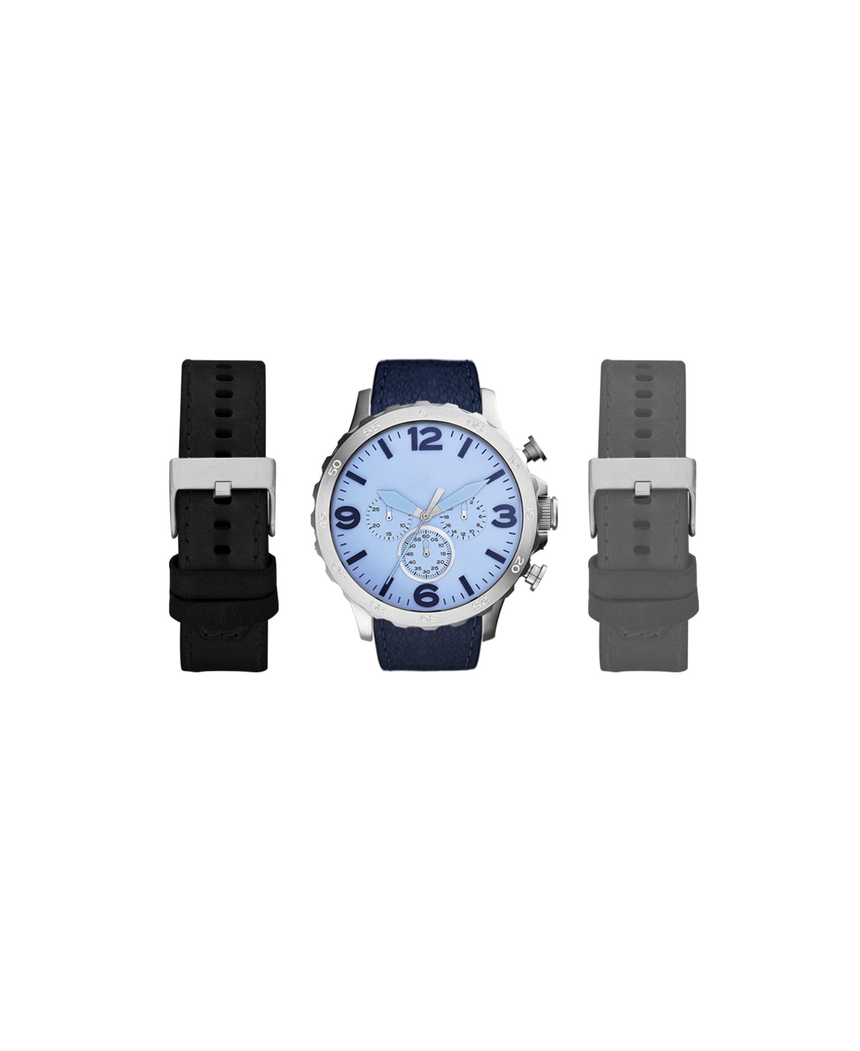 American Exchange Men's Chronograph Navy Leather Analog Watch with Black/Grey Extra Straps