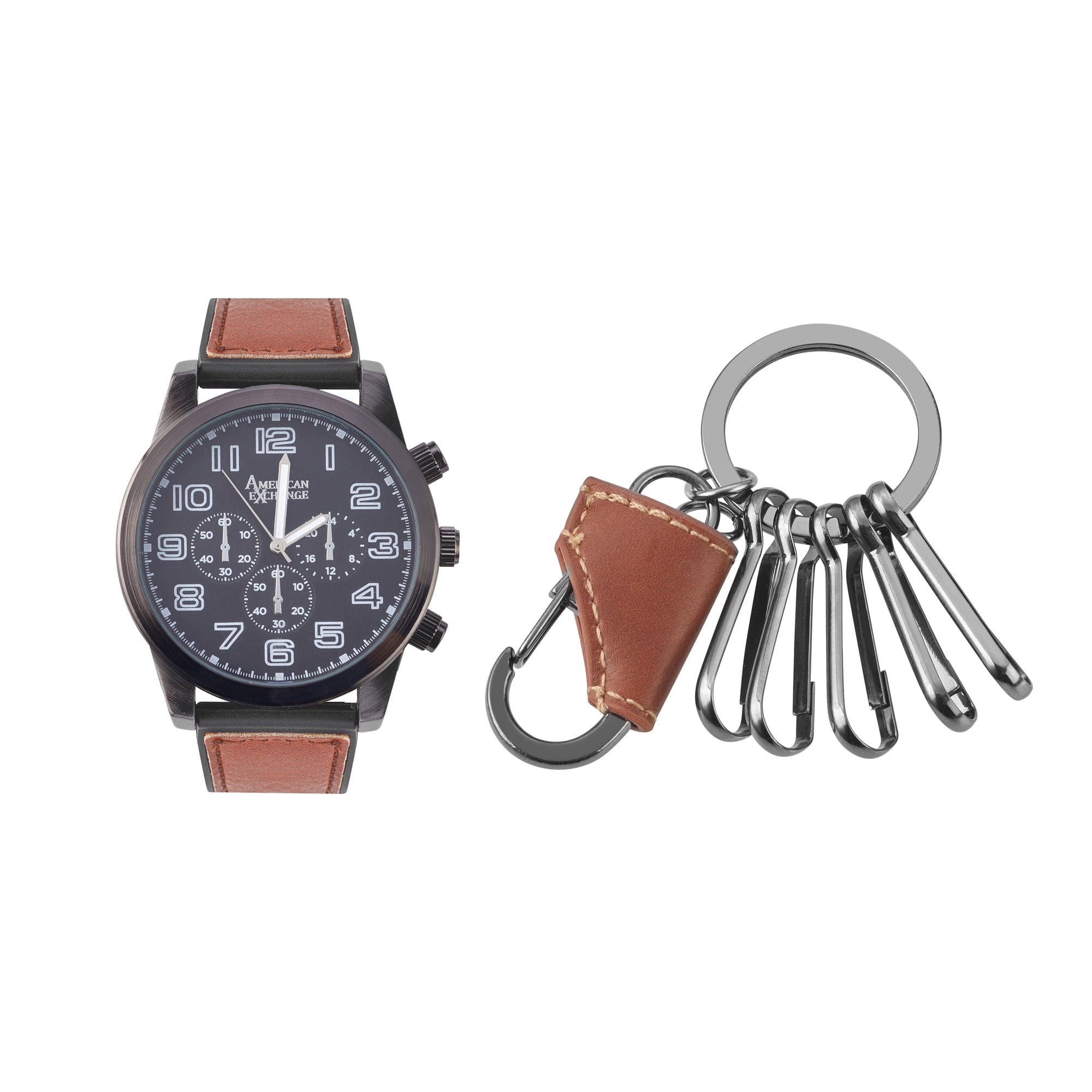 American Exchange Men's Cognac Leather Strap 48mm Analog Watch & Keychain