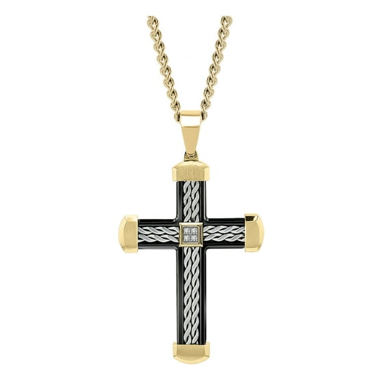 American Exchange Men's Diamond Stainless Steel Gold Cross Pendant Necklace