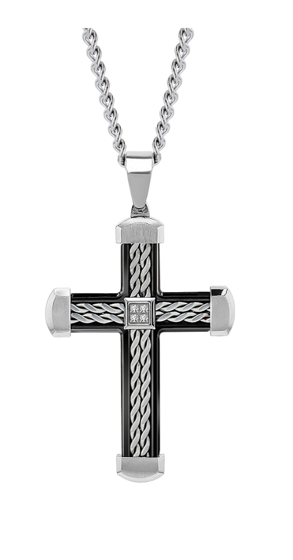 American Exchange Men's Diamond Stainless Steel Silver Cross Pendant Necklace