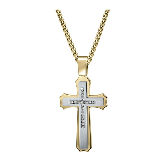 American Exchange Men's Diamond Stainless Steel Silver/Gold Cross Pendant Necklace