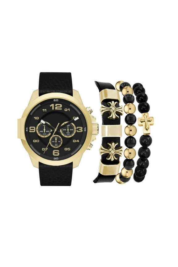 Men's Leather Gold Watch & Stackable Set
