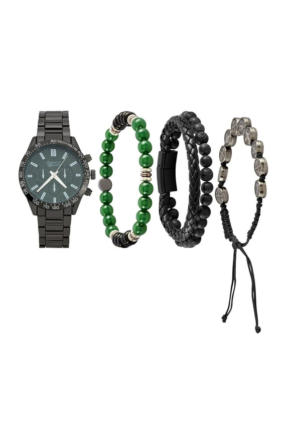 Men's Metal Analog Watch and 3 Piece Bracelet Set, Green Sunray/Black