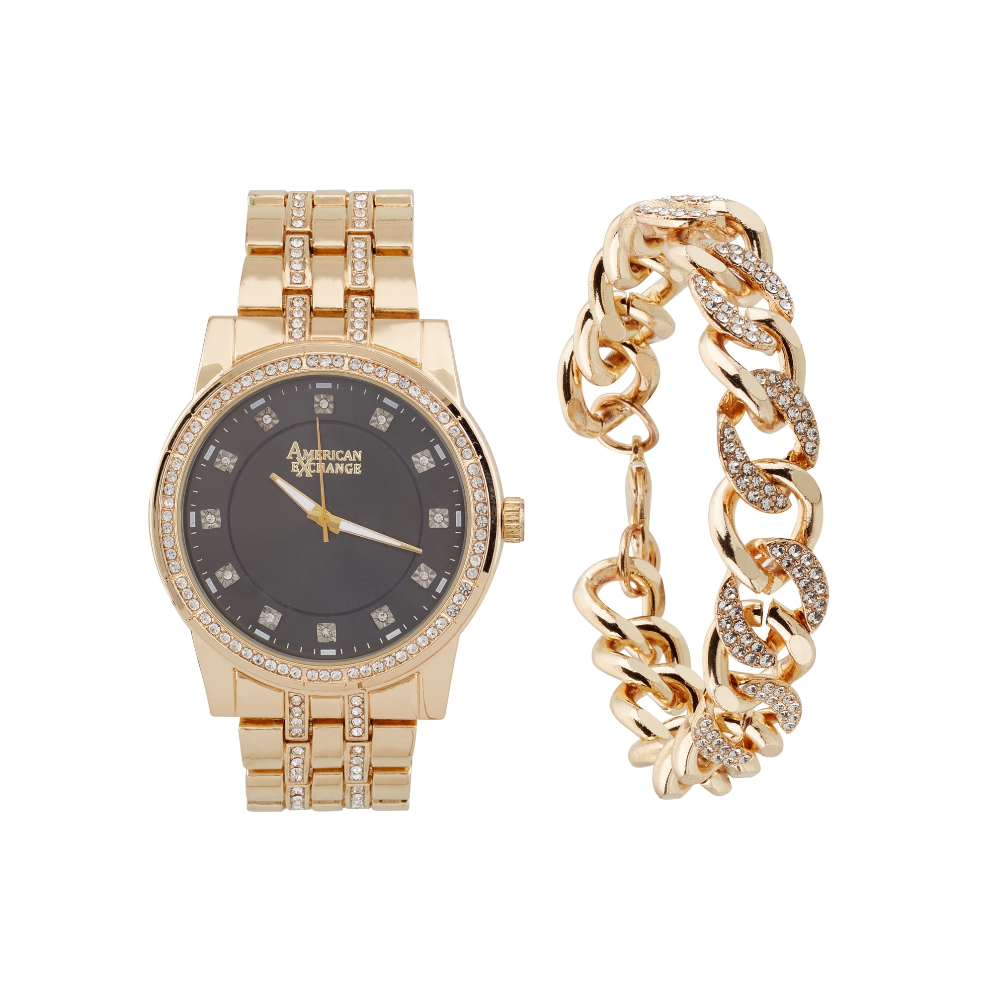 American Exchange Men's Metal Gold/Black Watch & Bracelet Set