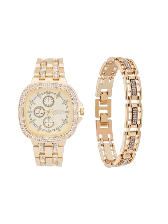Men's Metal Gold Watch & Bracelet Set