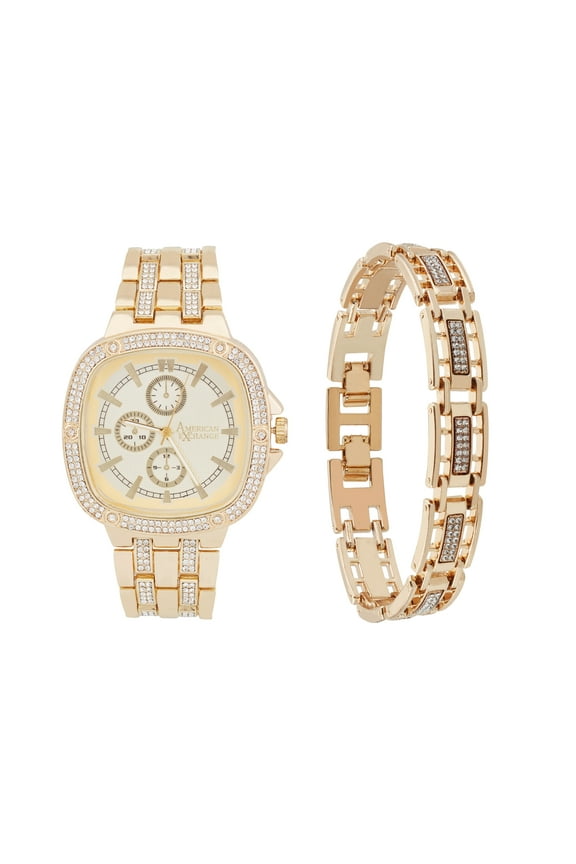 Men's Metal Gold Watch & Bracelet Set