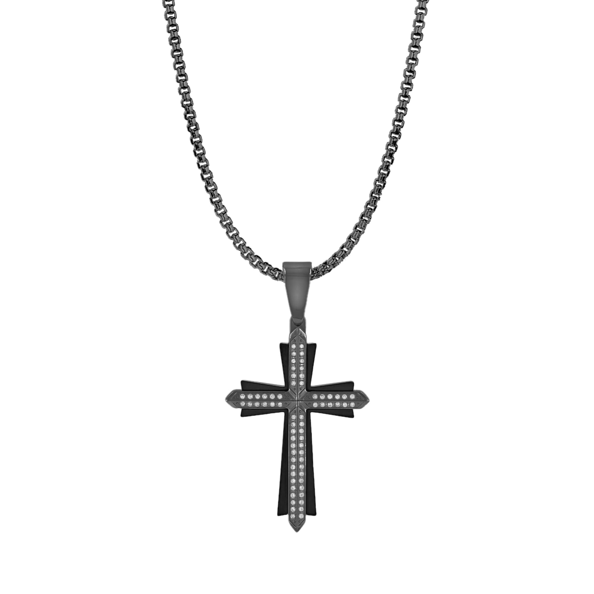 American Exchange Men's Metal Gunmetal Tone, Black And Glasss Crystal Stone Cross Pendant Necklace