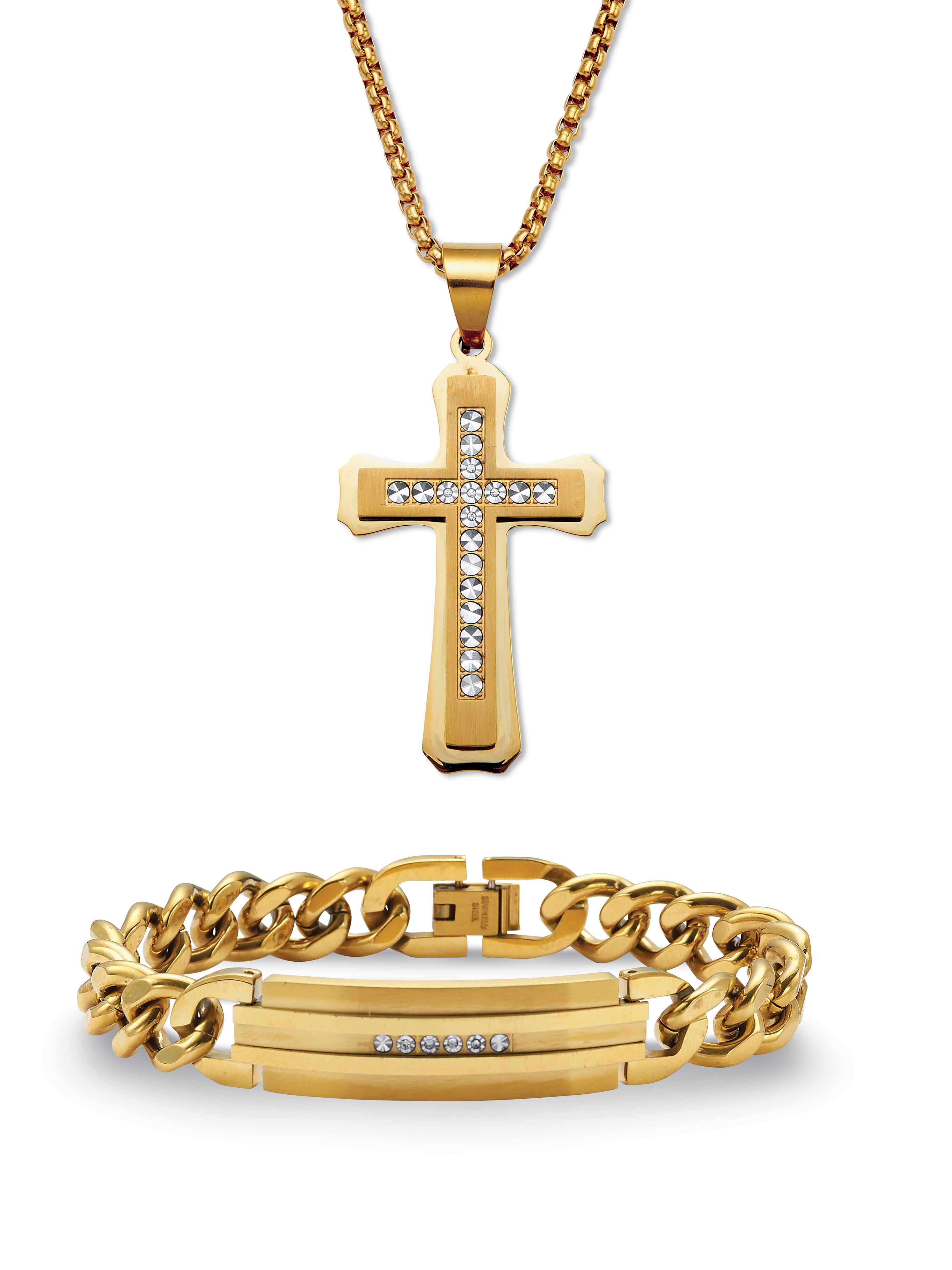 American Exchange Men's Gold Ion-Plated Cross Pendant Necklace and