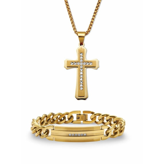 American Exchange Men's Round Crystal Gold Ion-Plated Stainless Steel Cross Pendant Necklace And Bracelet Set, 26 Inch Chain