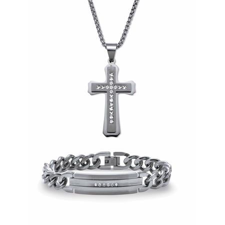 American Exchange Men's Round Crystal Matte Stainless Steel Cross Pendant Necklace And Bracelet Set, 26 Inch Chain