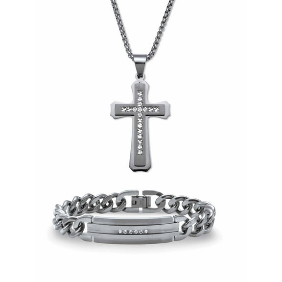 American Exchange Men's Round Crystal Matte Stainless Steel Cross Pendant Necklace And Bracelet Set, 26 Inch Chain