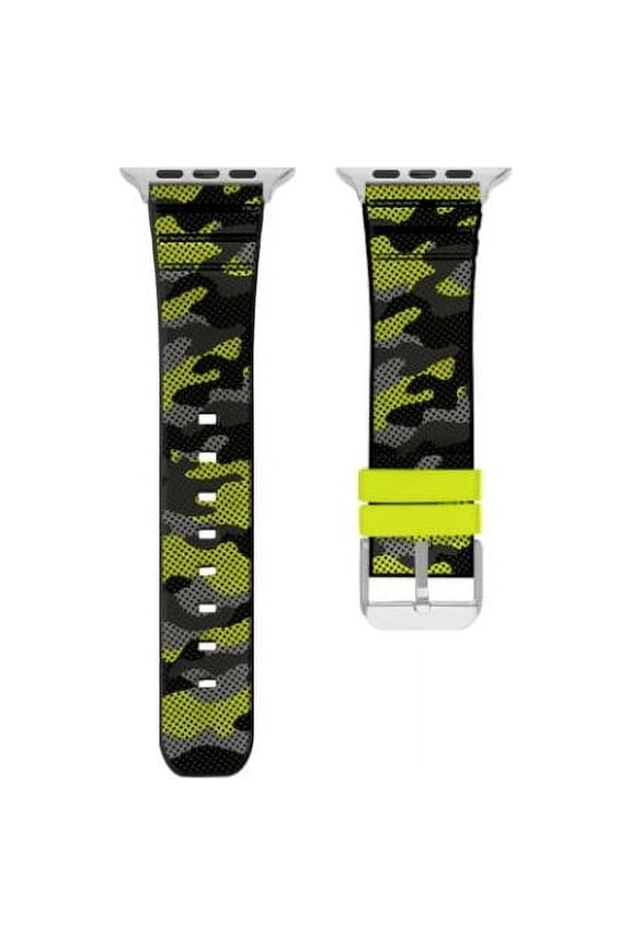Men's Rubber Watch Strap Compatible w/ 42mm 44mm Apple Watch, Black Lime Camo